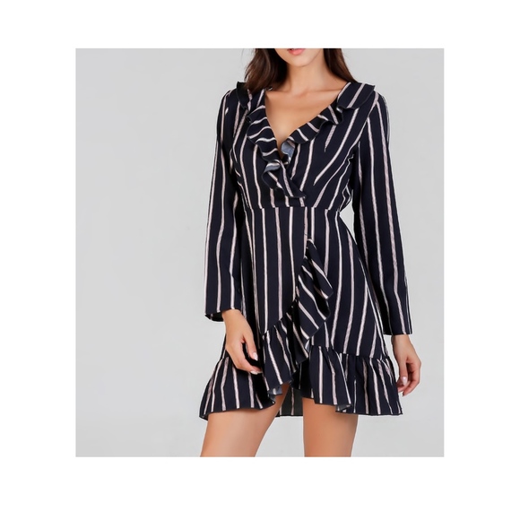 MBM Unlimited Dresses & Skirts - Blue Striped Fit and Flare Ruffle Wrap Dress
